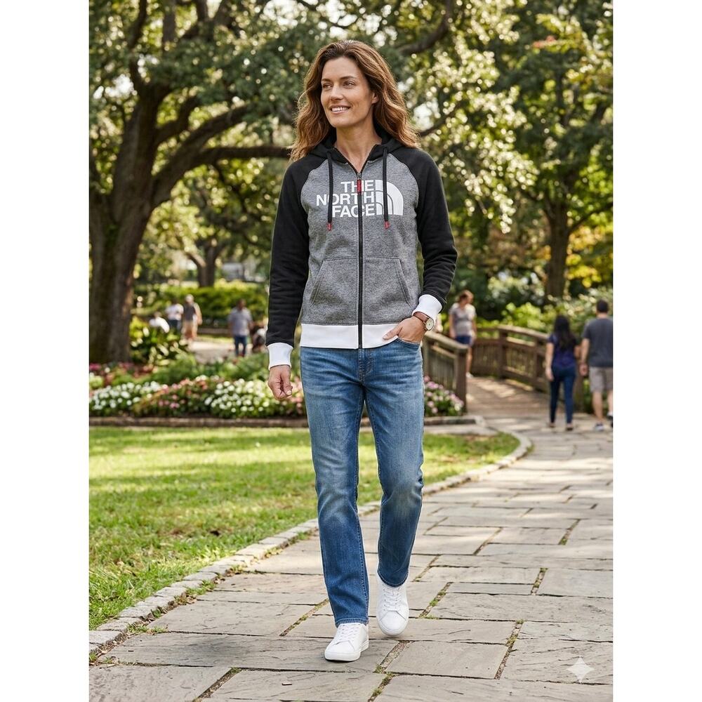 The North Face Women's XL Hoodie Blk Gry‎ Wht Color block Full Zip Logo Jacket